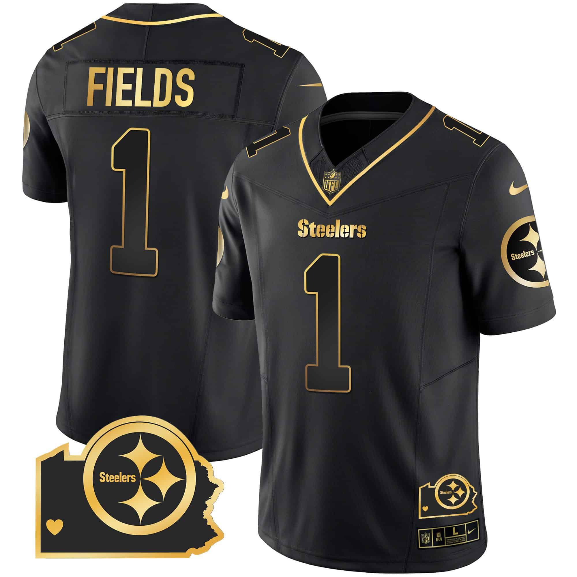 Men Pittsburgh Steelers #1 Fields Black Gold 2024 Nike Home Patch Vapor Limited NFL Jersey style 2